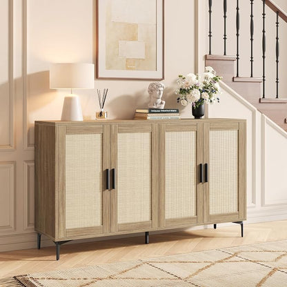 JASIWAY Buffet Cabinet with Storage, 48" Rattan Coffee Bar Cabinet Station | Accent Sideboard with Adjustable Shelves, Credenza for Dining Room, Kitchen, Living Room, Entryway, Anti-Tip, Wood