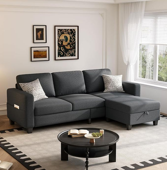Youmumeub 78" Sectional Sofa Couches for Living Room, 3 Seat L Shaped Convertible Couch with Storage Ottoman, Comfortable Pet-Friendly Linen Sofa Set for Small Space, Apartment, Office, Dark Grey