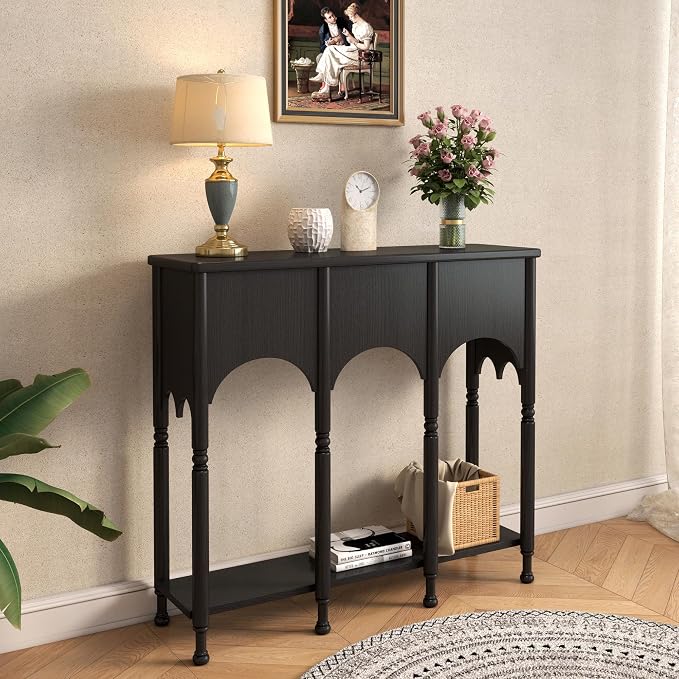 40" Console Table with Storage Shelf, Retro Entryway Table, Wooden Sofa Table with Roman-Style Legs for Living Room, Hallway, Black