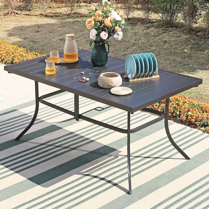 Sophia & William Patio Outdoor Table and Chairs Set with Umbrella Beige, Patio Dining Sets for 6, 7 Pieces Patio Table Set for Backyard Deck Porch Outside, Metal Table with Cushioned Rattan Chairs