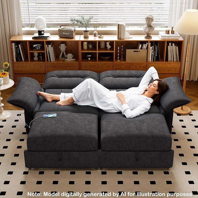 85" Pull Out Sofa Bed Full Size, Pre-Assembled Flannel Sleeper Sofa, Convertible Loveseat Futon Couch, Adjustable Armrest with USB, Pillows, for Apartment, Living Room, Small Spaces, Dark Grey