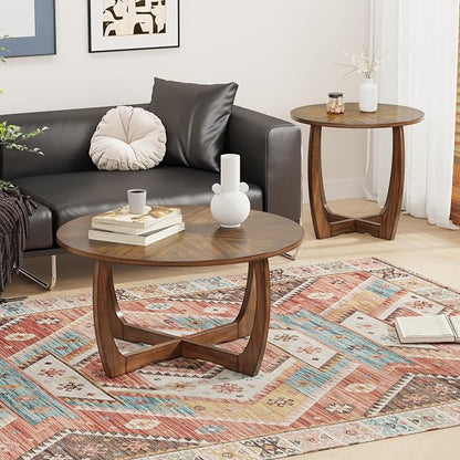 Round Wood Coffee Table, Solid Hardwood Coffee Tables for Living Room, Mid-Century Modern Coffee-Table with Criss-Cross Legs, 33.5" D x 17.7" H, Designed Home Furniture, Easy Assembly, Center Table