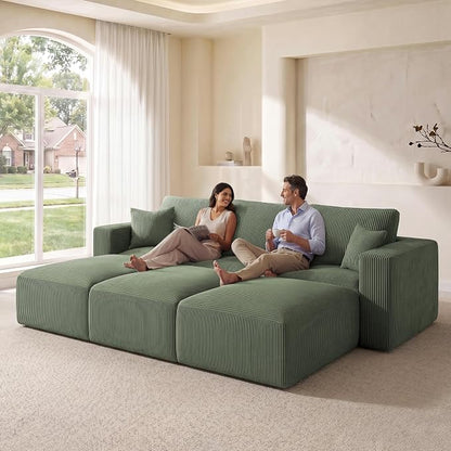 Modular Sectional Sofa Bed with Chaise, 115" Memory Foam Cloud Couch, Boneless Corduroy Upholstered Floor Couch, No Assembly Required Living Room Furniture for Apartment Home, Green