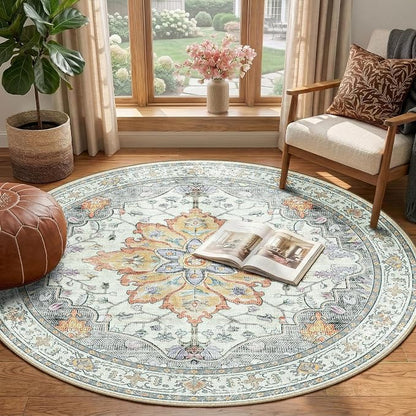 RELEANY Area Rugs Round 4ft Washable Non-Slip, Floral Vintage Distress Medallion Carpet for Living Room Bedroom Dining Room, Beige Carbon Grey Orange