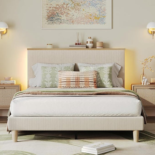 Bestier Full Bed Frame with Adjustable Headboard & LEDLighting, Corduroy Upholstered Platform Bed Frame withStorage Shelf, Solid Wood Slats, No Box Spring Needed,Never Squeak, Easy Assembly, Beige