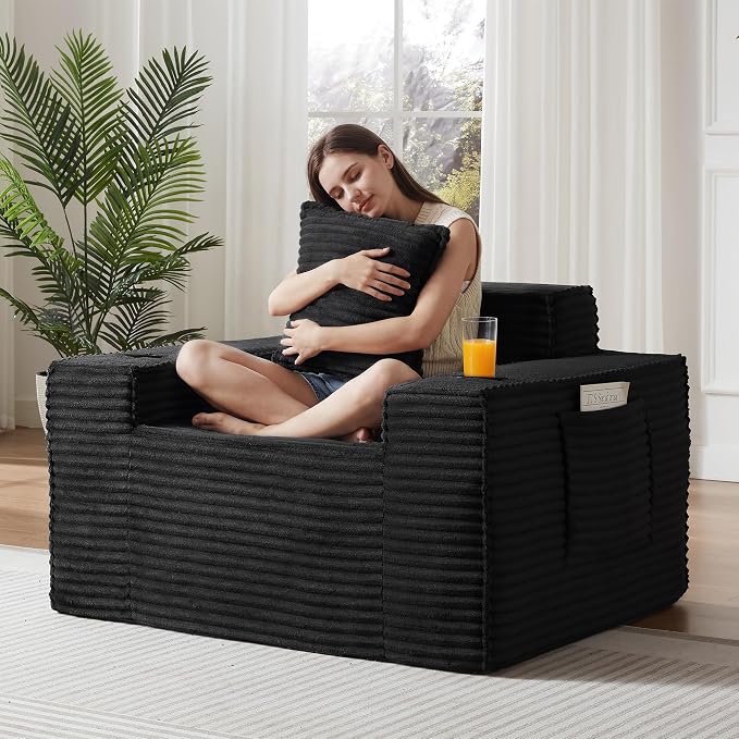 2 Pcs Living Room Cloud Sofa Set, Boneless Sofa Couches with Cup Holder with Side Pocket for Compact Living Rooms, Apartments (Black, Single Chair + Loveseat)