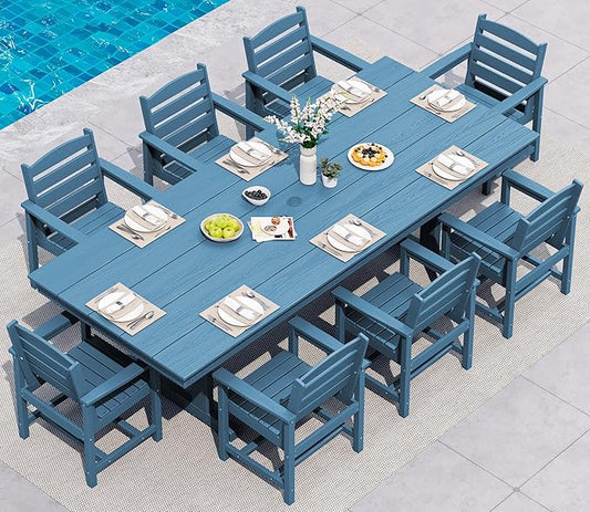 SERWALL 9 Piece 84" HDPE Outdoor Dining Set for 8 with Armchairs and Umbrella Hole, Blue