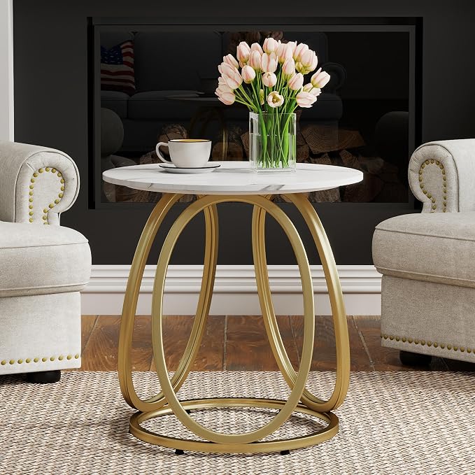 O&K FURNITURE Gold Side Table for Living Room, Round End Table with Chrome Finish, Contemporary Nightstand, Bedroom & Home Office, 1PC
