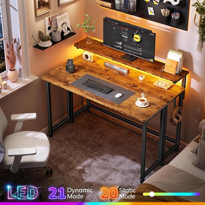 Folding Table with RGB Light for Small Space, 31.5" Folding Computer Desk for Space Saving Sofa Table for Couch, Home Work Office Desk with Monitor Stand, Easy to Fold with Hooks,Rustic Brown