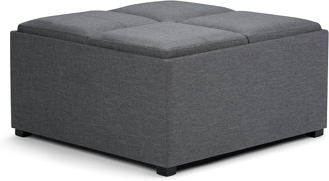 SIMPLIHOME Avalon Wide Contemporary Square Coffee Table Storage Ottoman, Slate Grey, Table Ottoman