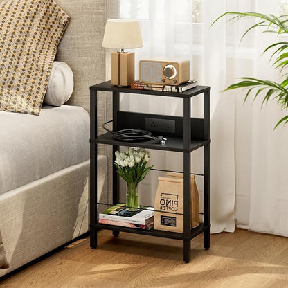 DGSANDGO Black Narrow Side Table - Nightstand with Charging Station (2 USB + 1 AC Outlet), 3-Tier End Table for Nordic Style/Bedroom/Living Room (Black)