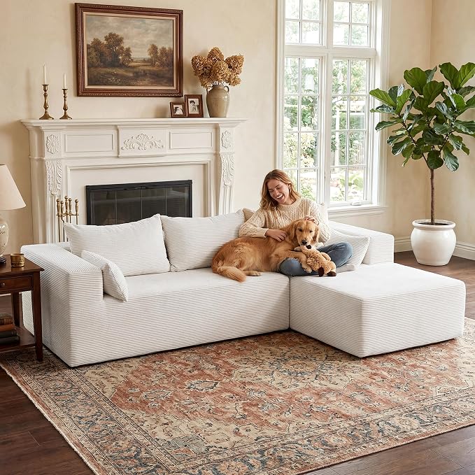 106" Cloud Sectional Boneless Couches for Living Room, Modular L Shaped Couch with Deep Seat Oversized Right Facing Chaise, Memory Foam Compressed Spineless 3 Seater Sofa for Apartment, Beige