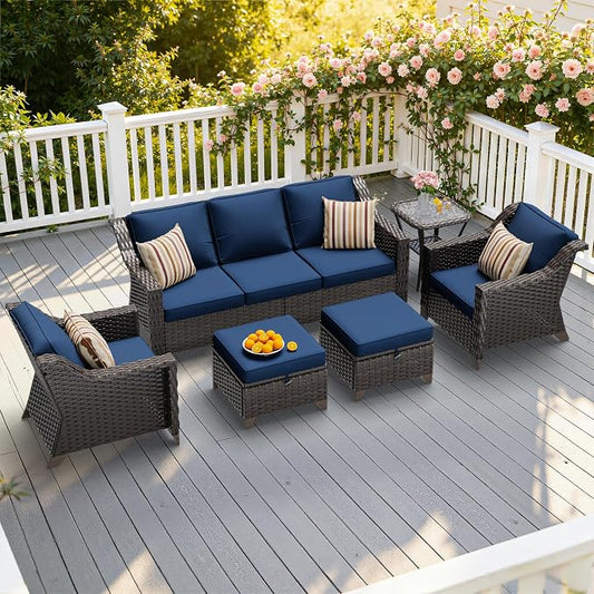 6 Pieces Patio Conversation Furniture Set - 1 Sofa, 2 Armchairs, 2 Ottomans, 1 Side Table, Outdoor Wicker Furniture with Removable Cushions for Porch, Balcony, Sunroom (Blue)