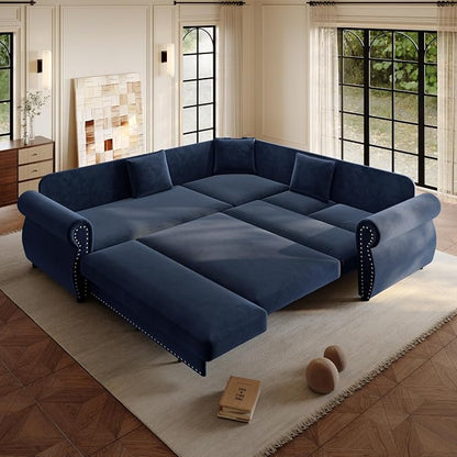 88.2" Sectional Sleeper Sofa with Pull Out Bed - Oversize L-Shaped Convertible Sleeper Couch Bed, Button Tufted Chesterfield Sofa, Chenille Vintage Couches for Living Room/Apartment(4-Seater, Blue)