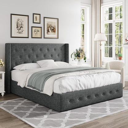 Allewie Full Size Lift Up Storage Bed, Button Tufted Headboard with Wingback, Hydraulic Support, No Box Spring Needed, Dark Grey