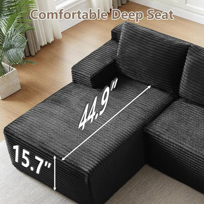 96" Cloud Sectional Couch U-Shaped Chaise with Ottoman, Corduroy Boneless Couch for Living Room Bedroom, Deep-Seat Upholstered Modular Cloud Sofa, No Assembly Required (Black, Left Facing Chaise)