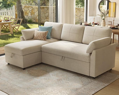PaPaJet Sofa Bed, Sleeper Sofa with Storage Chaise, L Shaped Sofa with Pull Out Bed, Oversized Sofas for Living Room, Beige