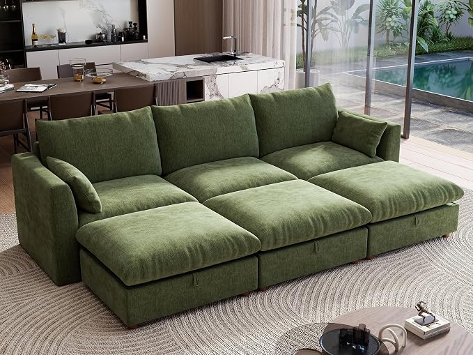 Ihanherry 117" Oversized Modular Sectional Sofa, Modern Cloud Couch with 3 Storage Ottoman, 6-Seat Comfy Chenille Deep Seat Sofa with 2 Pillows for Living Room, Green