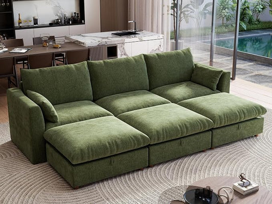 Ihanherry 117" Oversized Modular Sectional Sofa, Modern Cloud Couch with 3 Storage Ottoman, 6-Seat Comfy Chenille Deep Seat Sofa with 2 Pillows for Living Room, Green