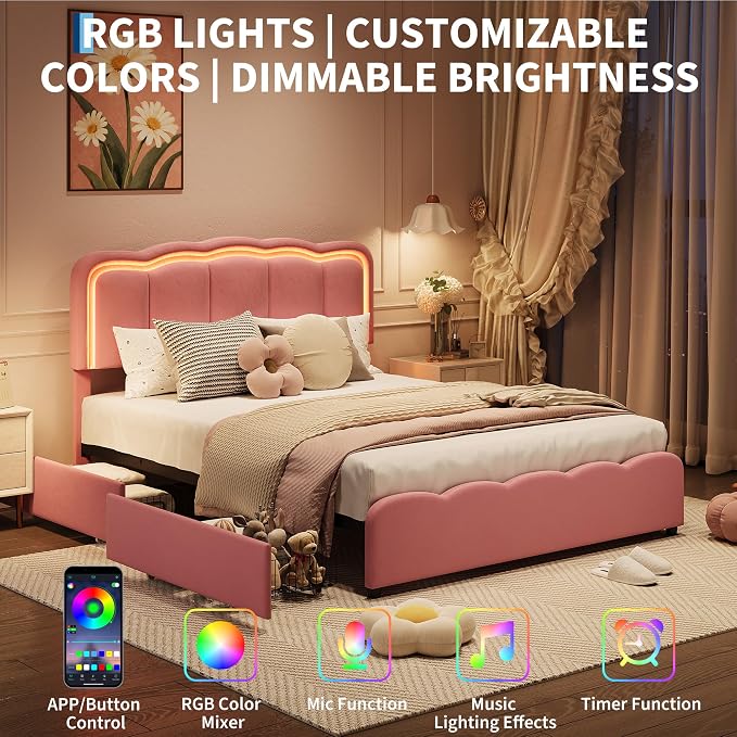 Garvee Queen Size Bed Frame with 2 Storage Drawers and LED Lights, Upholstered Platform Queen Bed with Adjustable Headboard, Wooden Slats Support, No Box Spring Needed, Easy Assembly, Pink