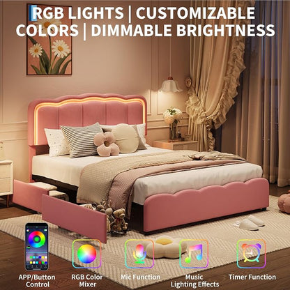 Garvee Queen Size Bed Frame with 2 Storage Drawers and LED Lights, Upholstered Platform Queen Bed with Adjustable Headboard, Wooden Slats Support, No Box Spring Needed, Easy Assembly, Pink