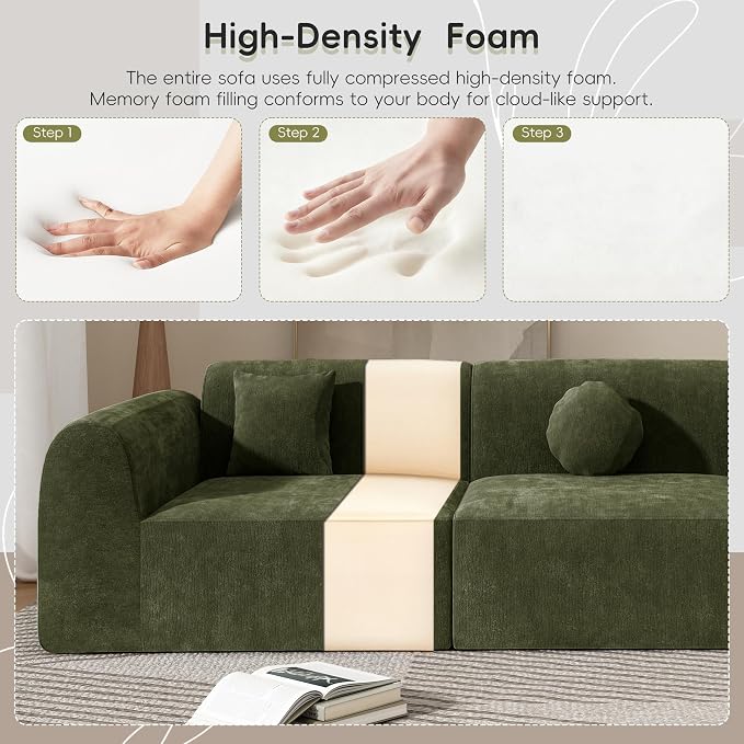 Merax 3-Piece 140" Sectional Modular Sofa Set, 4 Seat Curved Modern Cloud Couch with Chaise Lounge, 3 Pillows, Fully Assembled High-Density Compressed Sponge for Living Room, Green
