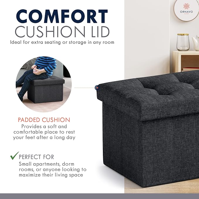 Ornavo Home Small Storage Ottoman, Set of 2, Foldable Collapsible Rectangle Linen Ottoman Foot Rest Stool Seat, for Living Room, Bedroom, Home Office, Dorm - 12 x 16 x 12, Black