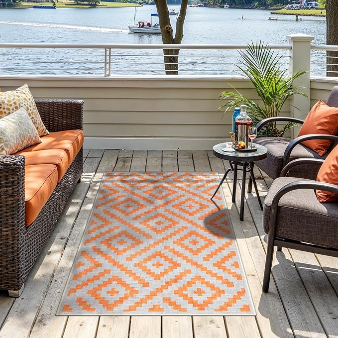 GENIMO Outdoor Rug for Patio Clearance, 3'x5' Indoor Area Rug, Waterproof Reversible Fall Doormat, Outside Camping Carpet for Porch, Living Room, Balcony, Deck, Bedroom, Picnic, Grey Orange