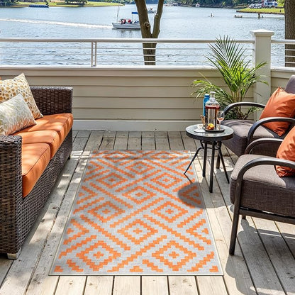 GENIMO Outdoor Rug for Patio Clearance, 3'x5' Indoor Area Rug, Waterproof Reversible Fall Doormat, Outside Camping Carpet for Porch, Living Room, Balcony, Deck, Bedroom, Picnic, Grey Orange