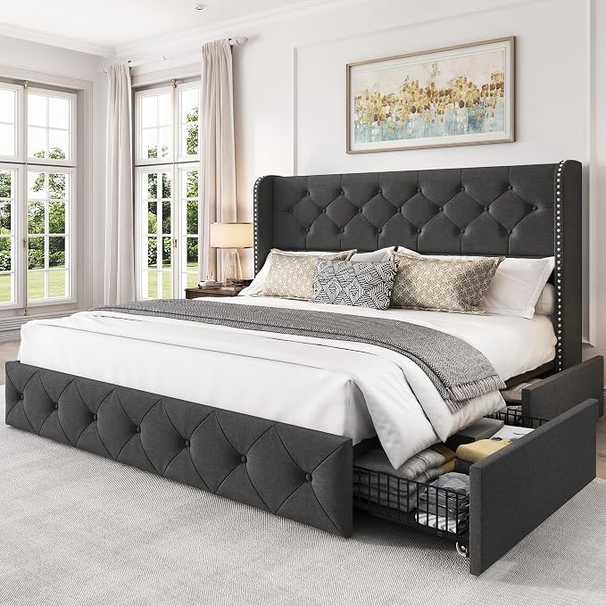 LARMACE Upholstered Queen Size Bed Frame with 4 Storage Drawers and 47.2" Tall Wingback Headboard Tufted Platform Bed Frame Linen Beds with Wooden Slats Support, Easy Assembly, Dark Grey
