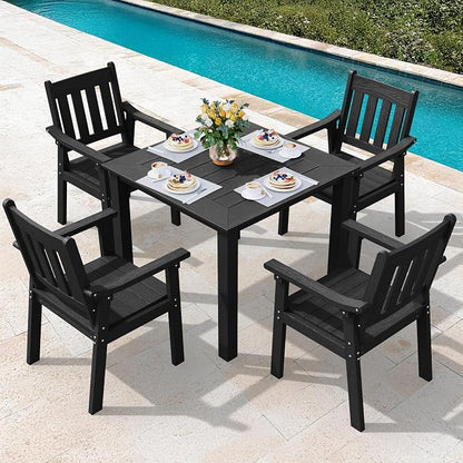 YEFU HIPS Patio Table Set: 5 Piece Outdoor Square Table and Chairs with Metal Aluminum Frame - Black Modern Plastic Patio Dining Furniture Set 4 Person for Outside Deck