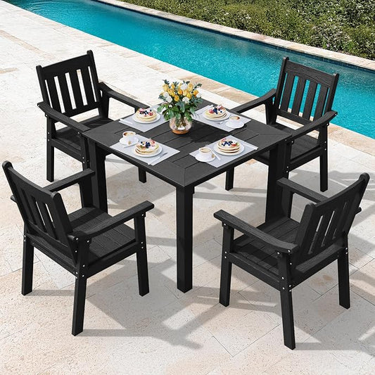 YEFU HIPS Patio Table Set: 5 Piece Outdoor Square Table and Chairs with Metal Aluminum Frame - Black Modern Plastic Patio Dining Furniture Set 4 Person for Outside Deck