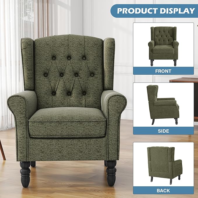 High Back Accent Chairs Set of 2, Upholstered Armchair Wingback Arm Chair for Living Room, Comfy Single Sofa Solid Wood Legs Bedroom Reading Seat - Green