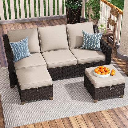 3 Pieces Outdoor Conversation Furniture Set - 77" Patio Sofa, 2 Rattan Wicker Ottomans, Patio Wicker Couch Set with Water-Resistant and Washable Cushions for Sunroom, Deck, Porch (Beige)