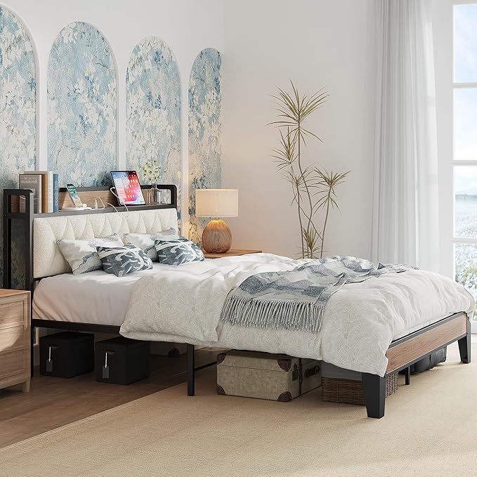 ANCTOR Queen Bed Frame with Storage Headboard & Charging Station, Metal Platform Queen Bed, Upholstered Tufted Headboard, Heavy Duty Slat Support, Noise Free, No Box Spring Needed, Wood and Cream