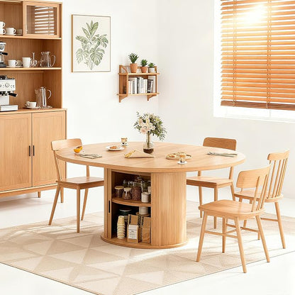 Wildhome Extendable Round Dining Table for 2-4-6, 63 Inch Dining Room Kitchen Table with 2-Tier Storage Shelf, Modern Farmhouse Fluted Wood Slide Door Dinner Furniture,Oval Circle (Oak-63 Inch)