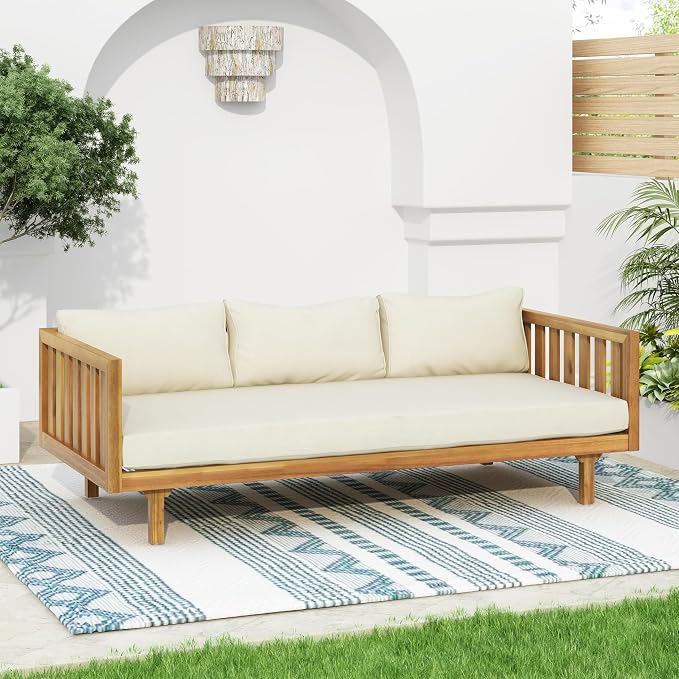 Christopher Knight Home Claremont Outdoor 3 Seater Acacia Wood Daybed with Fabric Water Resistant and Removable Cushions, Patio Garden Poolside Sofa with Slat Paneling Armrest and Back, Teak and Beige