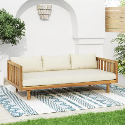 Christopher Knight Home Claremont Outdoor 3 Seater Acacia Wood Daybed with Fabric Water Resistant and Removable Cushions, Patio Garden Poolside Sofa with Slat Paneling Armrest and Back, Teak and Beige