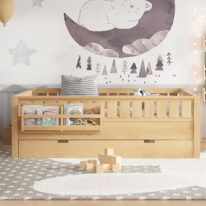 Bellemave Full Kids Montessori Bed with Stairs, Bookshelf and Trundle, Solid Wood Kids Bed Frame with Storage for Boys Girls, Low Profile,Light Natural