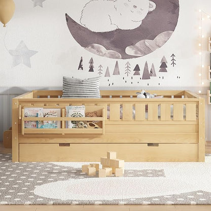 Bellemave Full Kids Montessori Bed with Stairs, Bookshelf and Trundle, Solid Wood Kids Bed Frame with Storage for Boys Girls, Low Profile,Light Natural