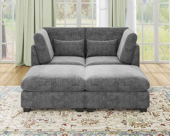 77" Oversized Chenille Couch Modular Sectional Sofa, Washable Cloud Couch Sectional with 2 Ottoman, 4 Seater Sectional Couches for Living Room, Fully Cover Removable, Chaise Lounge, Chenille, Grey