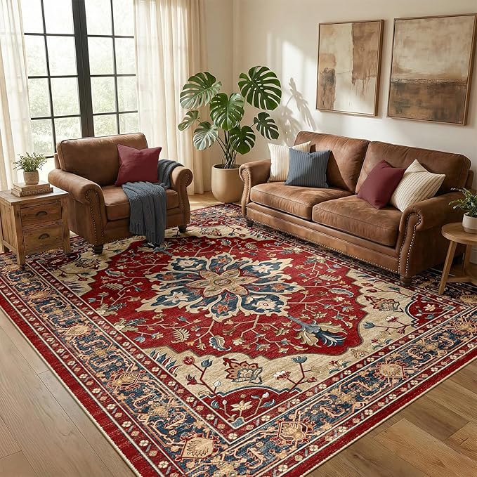 RELEANY Area Rugs 5'x7' Washable Non-Slip, Floral Vintage Distress Medallion Carpet for Living Room Bedroom Dining Room, Red Blue