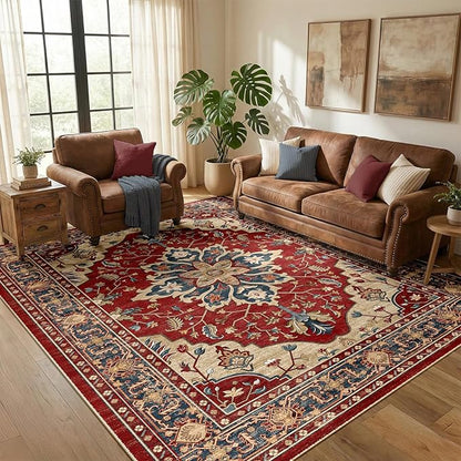 RELEANY Area Rugs 5'x8' Washable Non-Slip, Floral Vintage Distress Medallion Carpet for Living Room Bedroom Dining Room, Red Blue