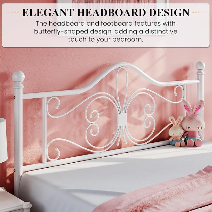 SHA CERLIN Queen Size Bed Frame with Headboard,Metal Bed Frame with Butterfly Pattern Design Headboard & Footboard,No Box Spring Needed,Easy Assembly,White
