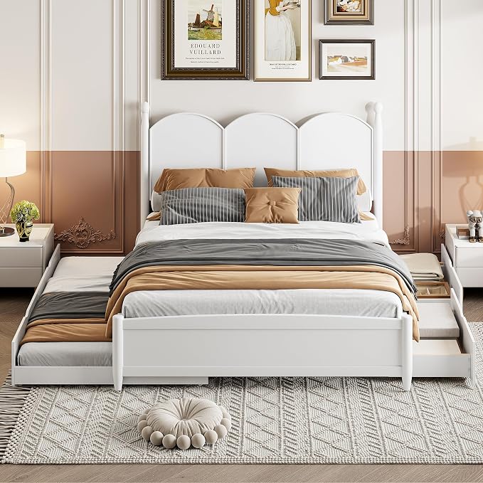 Merax Queen Size Platform Bed with 2 Storage Drawers and Twin XL Size Trundle, Rustic Design Wooden Bed Frame, White