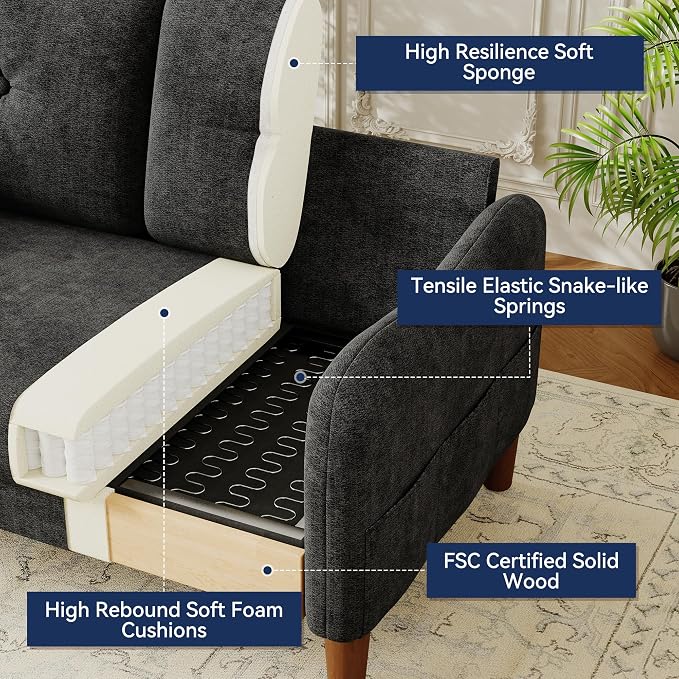 Vipbear 48" Loveseat Sofa,Modern Small Couches for Small Spaces,Black Chenille Love Seat Couch for Living Room,Bedroom,Apartment,Office,Deep Seat,Throw Pillow,Side Pockets,Curved Armrest