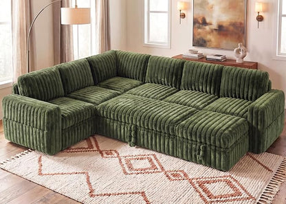 HONBAY Plush Corduroy Modular Sectional Sofa with Pull Out Bed, Convertible U Shaped Couch with Storage,Sleeper Sectional Couches for Living Room,Plush Green