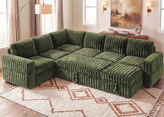 HONBAY Plush Corduroy Modular Sectional Sofa with Pull Out Bed, Convertible U Shaped Couch with Storage,Sleeper Sectional Couches for Living Room,Plush Green