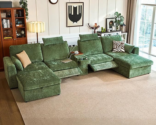 174.4'' Oversized Modular Power Recliner Sofa with Headrest, Deep Cloud Couch with Table, Charging Cup Holders, Convertible U-Shaped 6-Seater Sectional with 2 Storage Ottomans, Chenille, Green