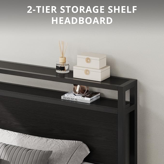 LIKIMIO California King Bed Frame with Headboard, Dark Wood Camas California King with Strong Supports, Sturdy, Noise-Free, No Box Spring Needed, Classic Black